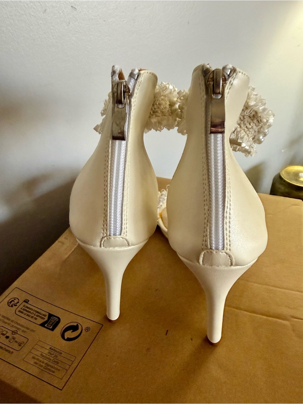 Pearl-Embellished Tweed Ivory Ankle-Strap Stiletto Sandals - Picture 3 of 5